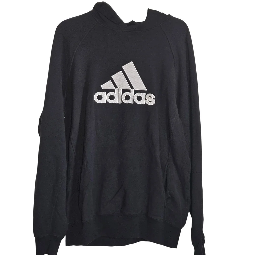 Adidas‎ Mens Hoodie Black Embroidered Logo Pullover Fleece Sweatshirt Medium